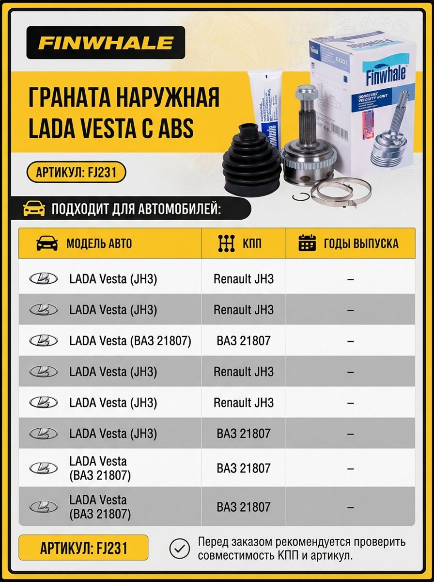 Шрус наруж (Граната) Лада Веста с АБС (КПП Renault JH3/ВАЗ 21807) Finwhale (10шт)