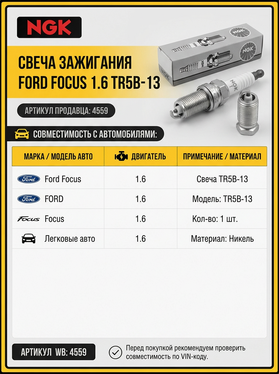 Свеча зажигания Ford Focus 1.6 (TR5B-13) (в уп. 10шт.) цена за 1шт NGK